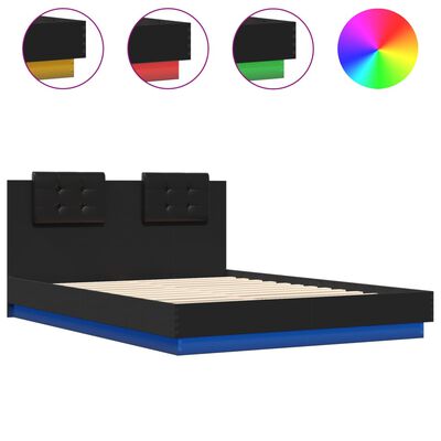 vidaXL Sängynrunko päädyllä ja LED-valoilla musta 150x200 cm