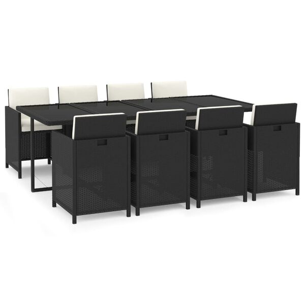 vidaXL 9-osainen Puutarharuokailuryhm&auml; tyynyill&auml; polyrottinki musta