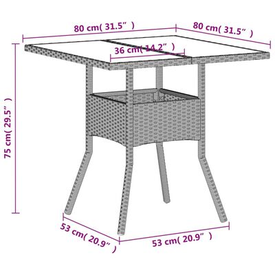 vidaXL Puutarhapöytä lasipöytälevy v.harmaa 80x80x75 cm polyrottinki