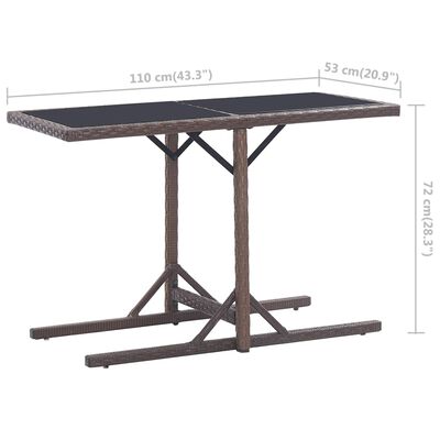 vidaXL Puutarhapöytä ruskea 110x53x72 cm lasi ja polyrottinki