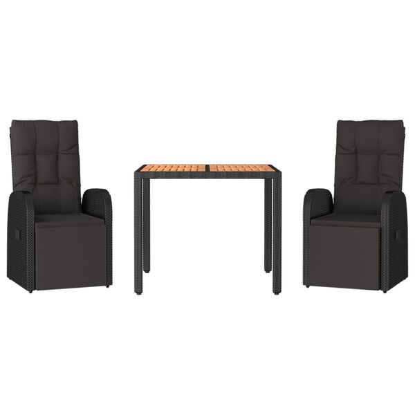 vidaXL 3-osainen Ulkoruokailuryhm&auml; musta polyrottinki/t&auml;ysi akasiapuu