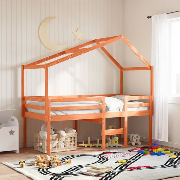 vidaXL Korotettu sänky katolla vahanruskea 90x190 cm täysi mänty