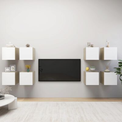 vidaXL Seinäkiinnitettävät TV-tasot 8 kpl valkoinen/tammi 30,5x30x30cm