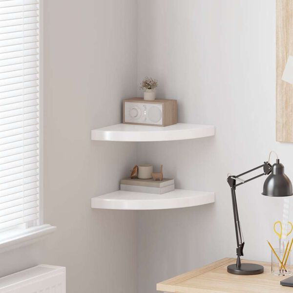 vidaXL Kelluvat kulmahyllyt 2 kpl korkeakiilto valk. 35x35x3,8 cm MDF