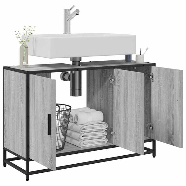 vidaXL Kylpyhuonekaappi altaalla harmaa Sonoma 90x33x60cm tekninen puu