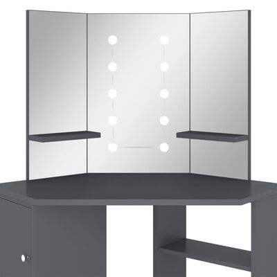 vidaXL Meikkipöytä kulmaan LED-valoilla harmaa 111x54x141,5 cm