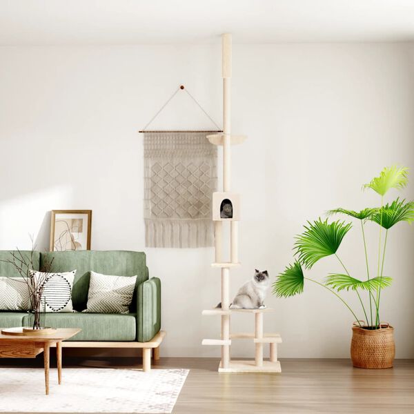 vidaXL Kattoon asti ylt&auml;v&auml; kissan kiipeilypuu kerma 268,5-294,5 cm