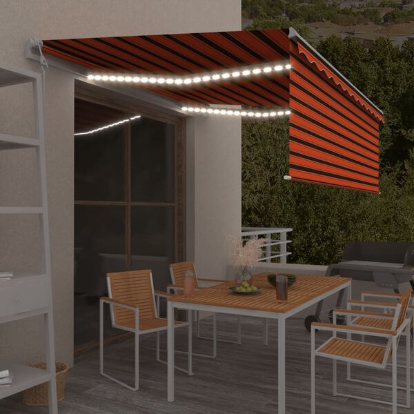 vidaXL Automaattimarkiisi verho/LED/tuulisens. 4,5x3 m oranssiruskea