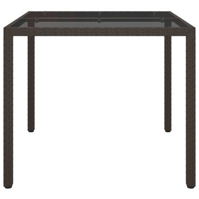 vidaXL Puutarhapöytä 90x90x75 cm karkaistu lasi ja polyrottinki ruskea