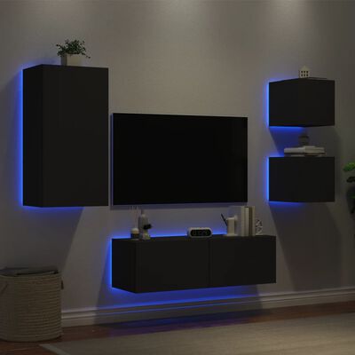 vidaXL 4-osainen TV-seinäkaappisarja LED-valoilla musta