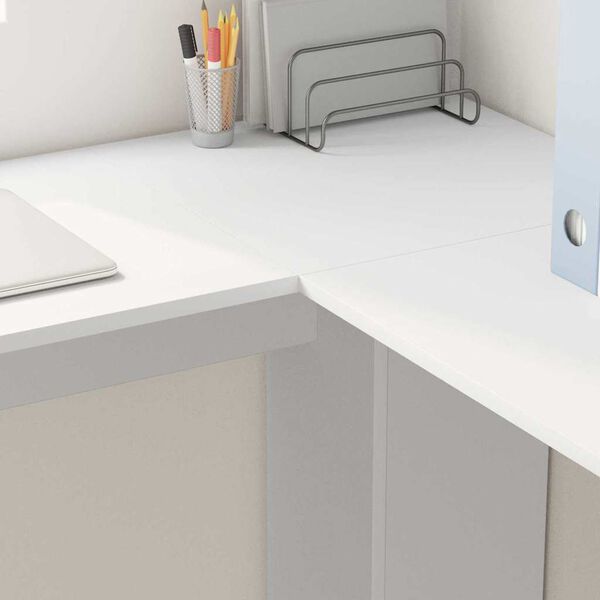 vidaXL Kulmapöytä säilytyksellä hyllyllä Valkoinen 140 x 113.5 x 75 cm