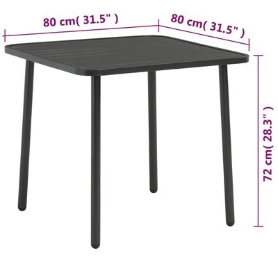 vidaXL Puutarhapöytä tummanharmaa 80x80x72 cm teräs
