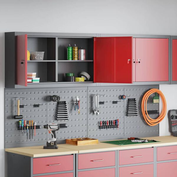 vidaXL Ty&ouml;kalukaappi ja pegboard-setti hyllyll&auml; lukkoon 6 pcs Punainen