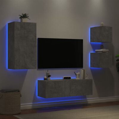 vidaXL 4-osainen TV-seinäkaappisarja LED-valoilla betoninharmaa