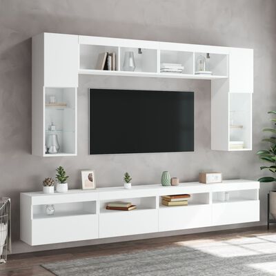 vidaXL 8-osainen TV-seinäkaappisarja LED-valoilla valkoinen