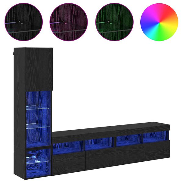 vidaXL TV-sein&auml;yksikk&ouml; LED-valoilla 4 pcs Musta tammi. Tekninen puu