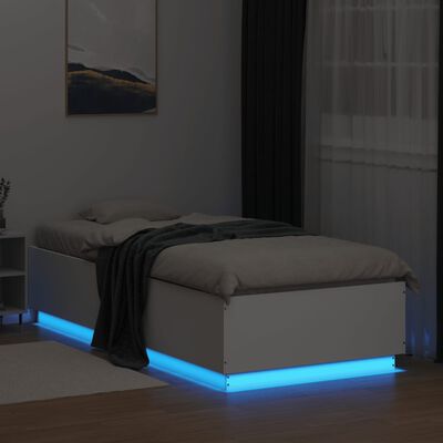 vidaXL Sängynrunko LED-valoilla valkoinen 90x200 cm täysi puu