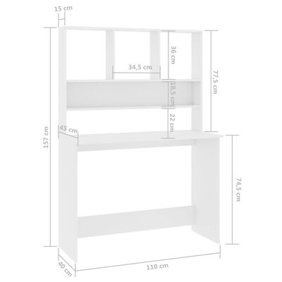 vidaXL Työpöytä hyllyillä valkoinen 110x45x157 cm lastulevy