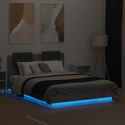 vidaXL Sängynrunko päädyllä ja LED-valoilla betoninharmaa 140x190 cm