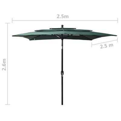 vidaXL 3-tasoinen aurinkovarjo alumiinitanko vihreä 2,5x2,5 m