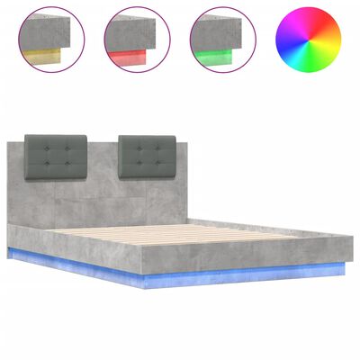 vidaXL Sängynrunko päädyllä ja LED-valoilla betoninharmaa 135x190 cm