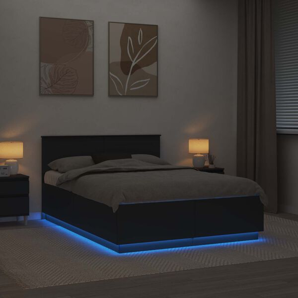 vidaXL S&auml;ngyn runko LED-nauhoilla Musta 5FT King Size Tekninen puu