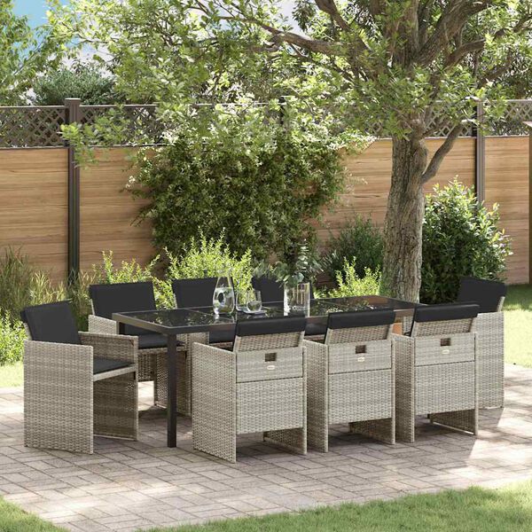 vidaXL Piharuokailu setti 9 pcs Vaaleanharmaa polyrottinki