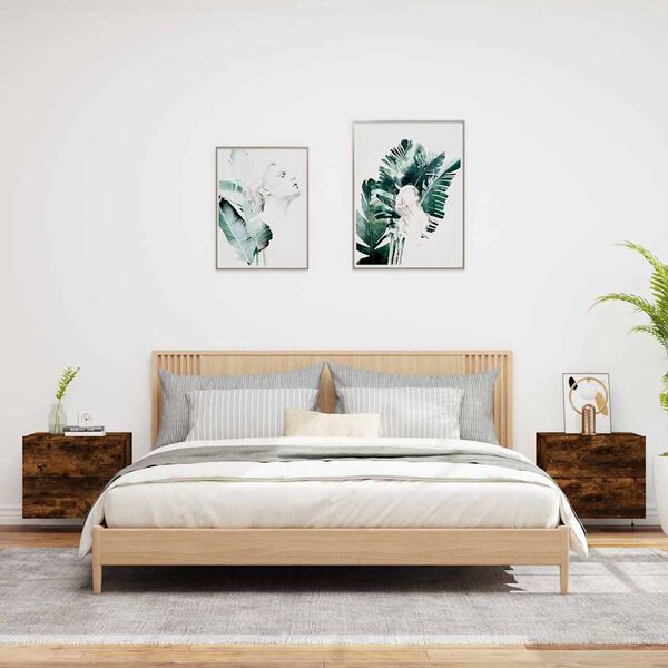 vidaXL Seinäkiinnitettävät yöpöydät LED-valoilla 2 kpl savutammi