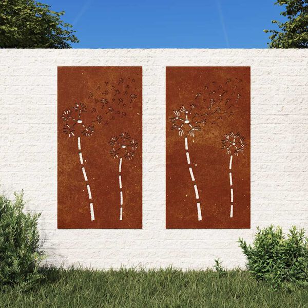 vidaXL Puutarhasein&auml;koristeet 2 kpl 105x55 cm corten ter&auml;s kukkakuvio