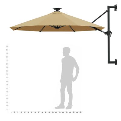 vidaXL Seinäkiinnitteinen aurinkovarjo LED ja tolppa 300cm harmaanrusk