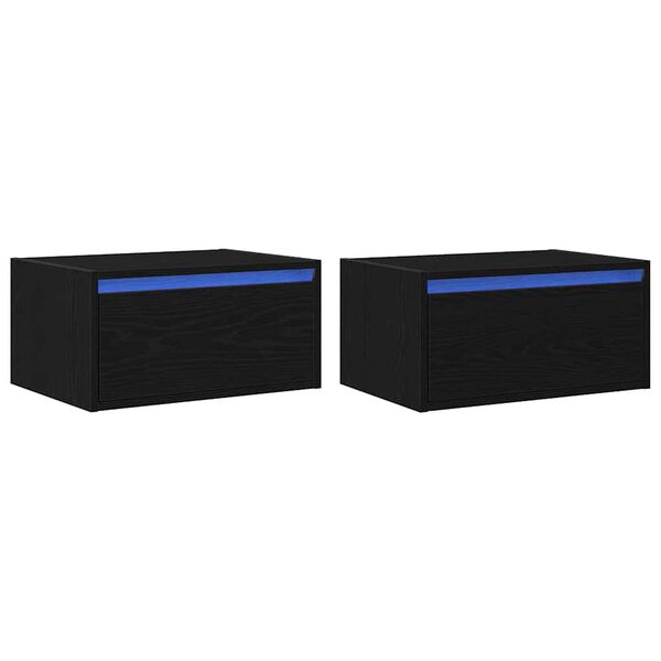 vidaXL Seinäkiinnitettävät yöpöydät LED-valoilla 2 kpl musta tammi
