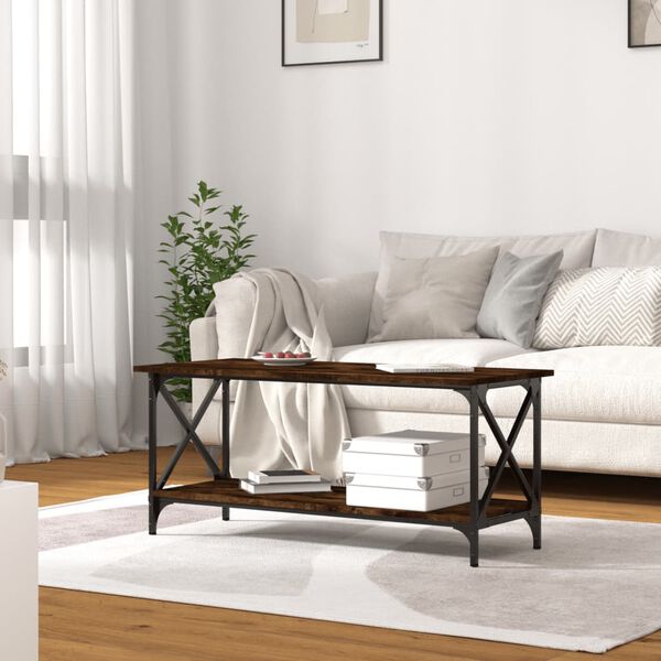 vidaXL Sohvapöytä savutammi 100x45x45 cm tekninen puu ja rauta