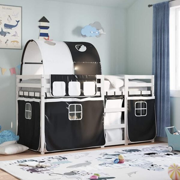 vidaXL Parvisänky verhoilla mustavalkoinen 90x190 cm täysi mänty