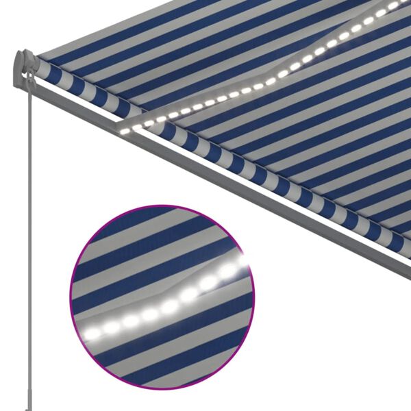vidaXL Sis&auml;&auml;nkelattava markiisi LED/tuulisens. 3,5x2,5 m sinivalkoinen