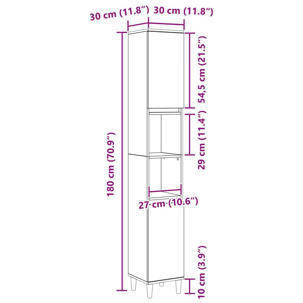 vidaXL Kylpyhuonekappi Musta Tammi 30x30x190 cm Tekninen Puulajike
