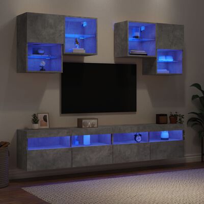 vidaXL 6-osainen TV-seinäkaappisarja LED-valoilla betoninharmaa