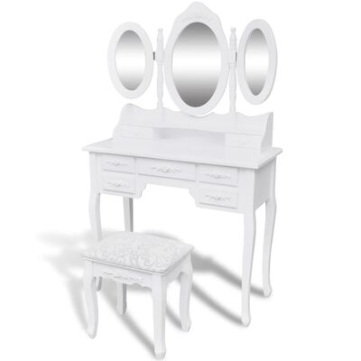 vidaXL Pukeutumispöytä jakkara ja 3 peiliä valkoinen