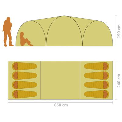 vidaXL Retkeilyteltta iglu 650x240x190 cm 8 henkilöä harmaa ja oranssi