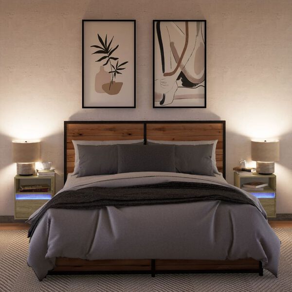 vidaXL Sein&auml;kiinnitett&auml;v&auml;t y&ouml;p&ouml;yd&auml;t LED-valoilla 2 kpl Sonoma tammi