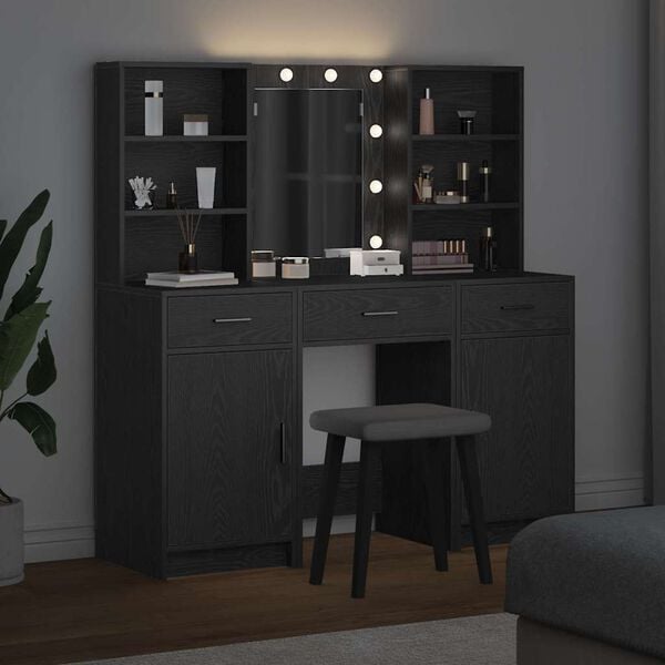 vidaXL LED-valollinen meikkip&ouml;yt&auml;setti 3 pcs Musta tammi. Tekninen puu