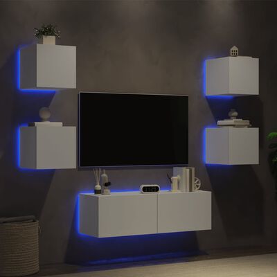 vidaXL 5-osainen TV-seinäkaappisarja LED-valoilla valkoinen