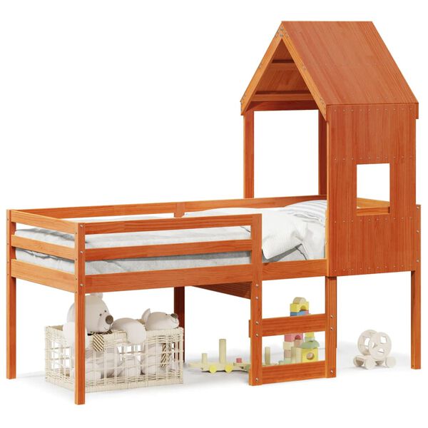 vidaXL Korotettu sänky katolla vahanruskea 90x200 cm täysi mänty