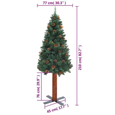 vidaXL Kapea joulukuusi aidolla puulla ja kävyillä vihreä 210 cm PVC