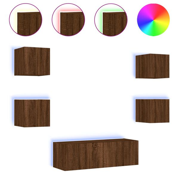 vidaXL 5-osainen TV-sein&auml;kaappisarja LED-valoilla ruskea tammi