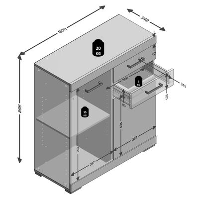FMD Lipasto 2 ovella ja 2 laatikolla 80x34,9x89,9 cm betoni ja valk.