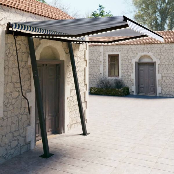 vidaXL Sis&auml;&auml;nkelattava markiisi LED/tuulisens. 3,5x2,5 m sinivalkoinen