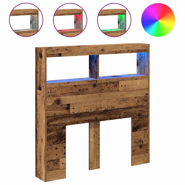 vidaXL Sängynpäätykaappi LED-valoilla vanhaa puuta 100x17x102 cm