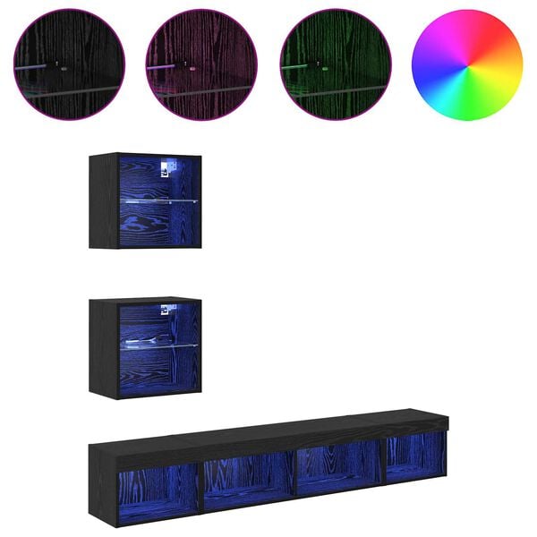 vidaXL TV Sein&auml;kappaleet LED:ll&auml; 5 pcs Musta tammi. Tekninen puu