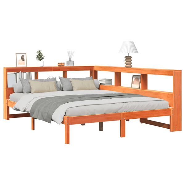 vidaXL Sänky kirjahyllyllä ei patjaa vahanrusk. 140x200 cm täysi mänty