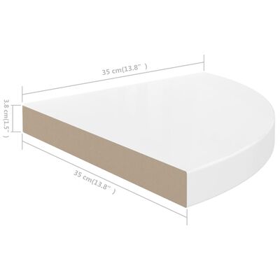 vidaXL Kelluva kulmahylly korkeakiilto valkoinen 35x35x3,8 cm MDF